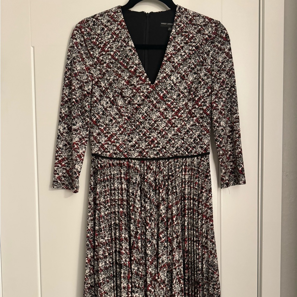 Red, black, and white marble print Maggy London crystal pleat dress